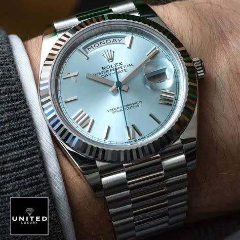 rolex day date platinum ice blue replica|rolex day date 40 cost.